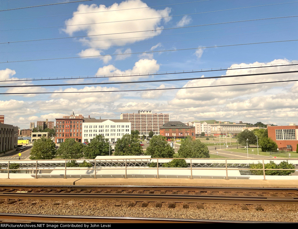 Departing Bridgeport Station with Downtown Bridgeport buildings in the background